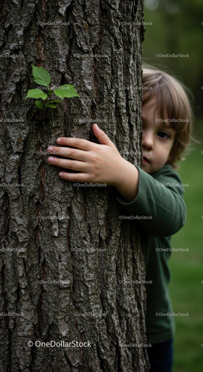 Child Embracing a Tree in a Green Forest Setting