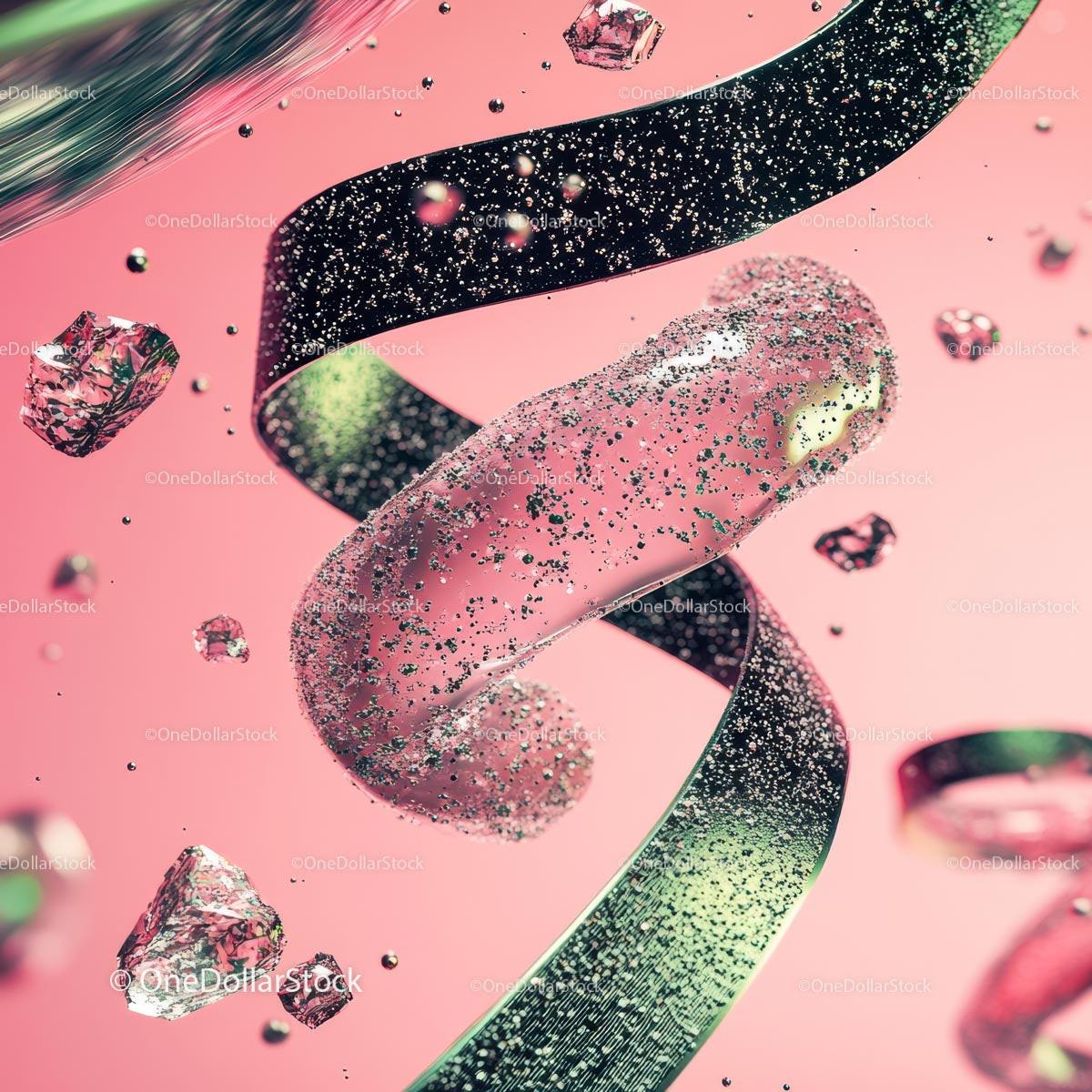 Abstract Glittering Ribbon and Crystals on Pink Background