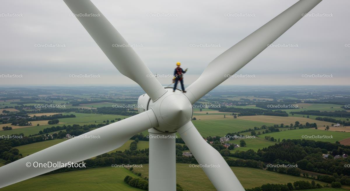Technician Working on Wind Turbine Amidst Scenic Landscape