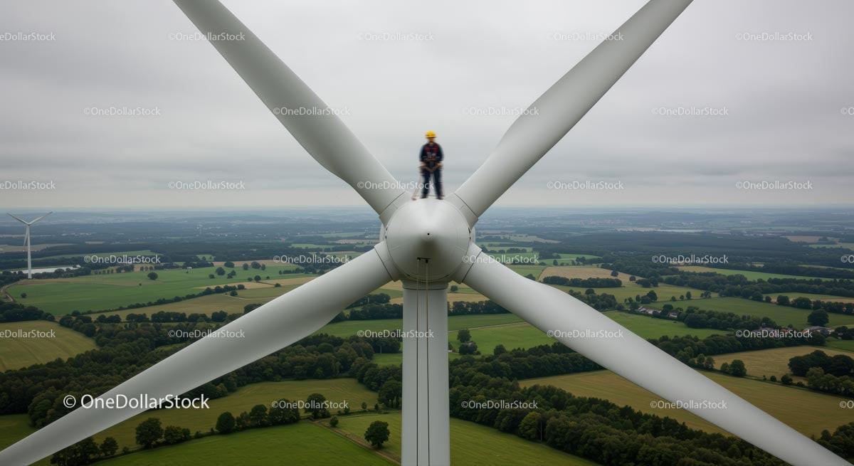 Engineer Maintaining Wind Turbine at High Altitude