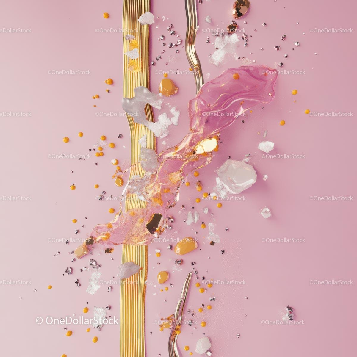 Abstract Modern Art with Gold Accents on Pink Background