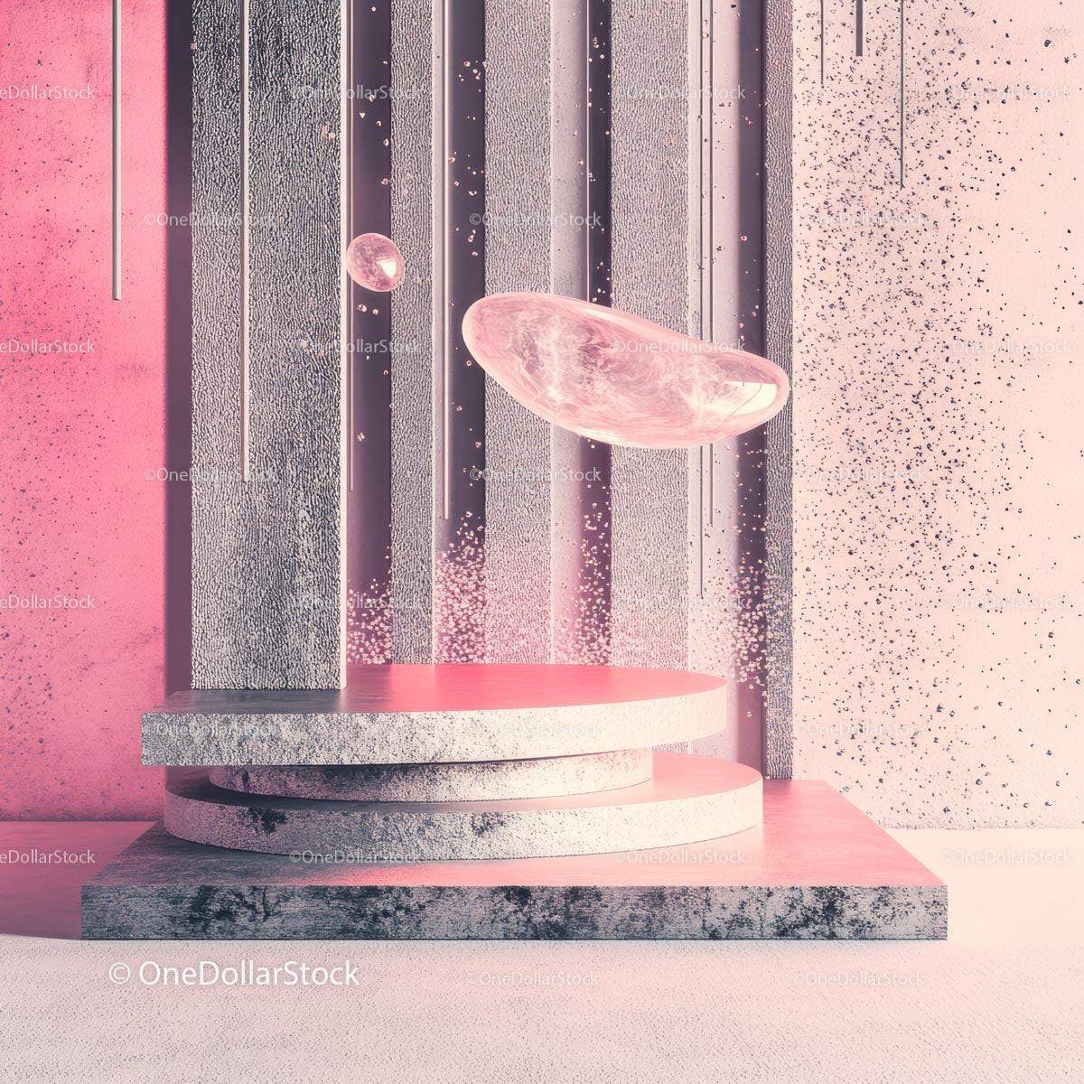 Pastel Pink Abstract Sculpture with Floating Elements