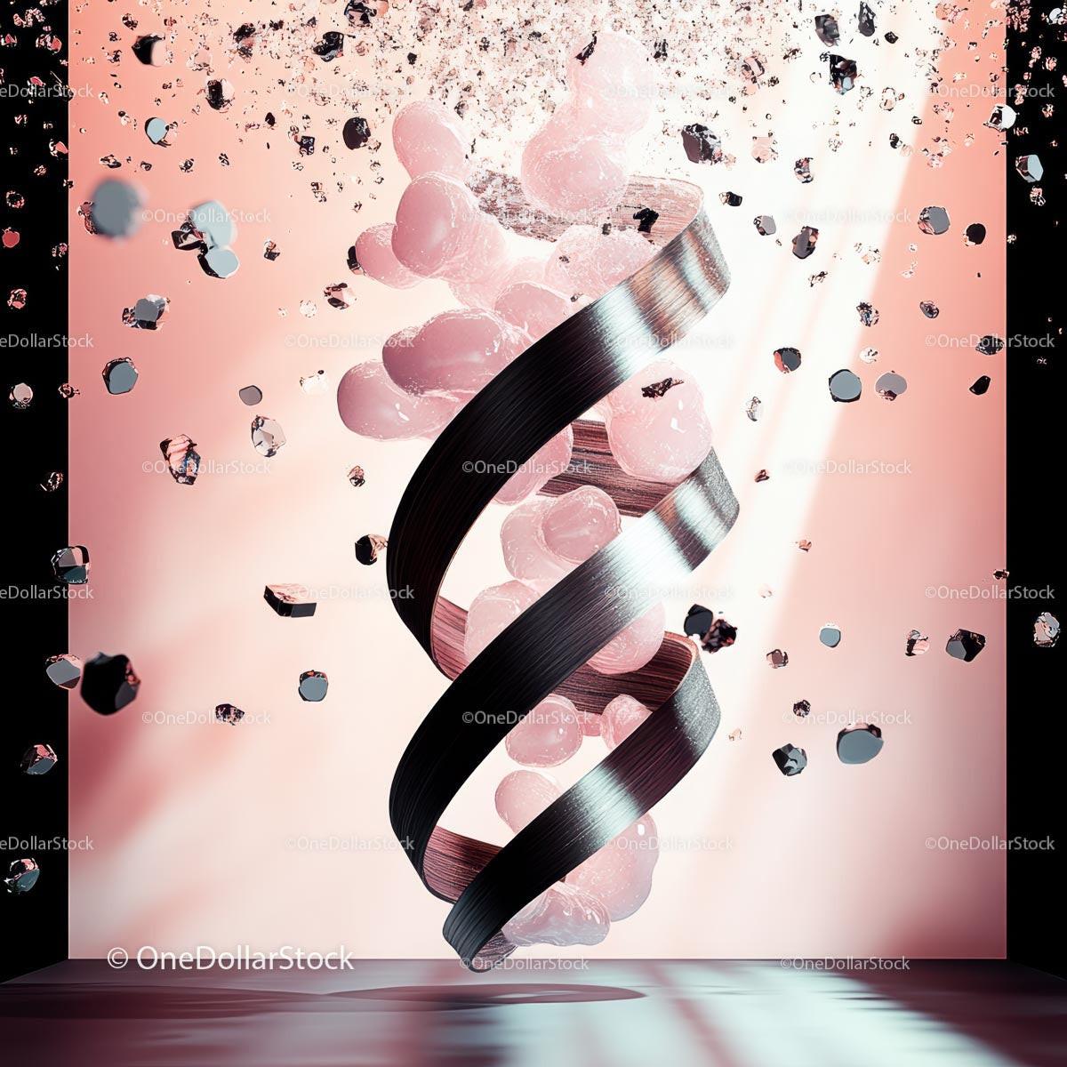 Metallic Spiral with Floating Elements on Pink Background