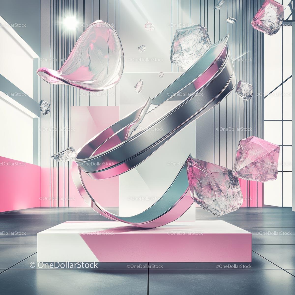Futuristic Abstract Sculpture with Pink and Silver Accents