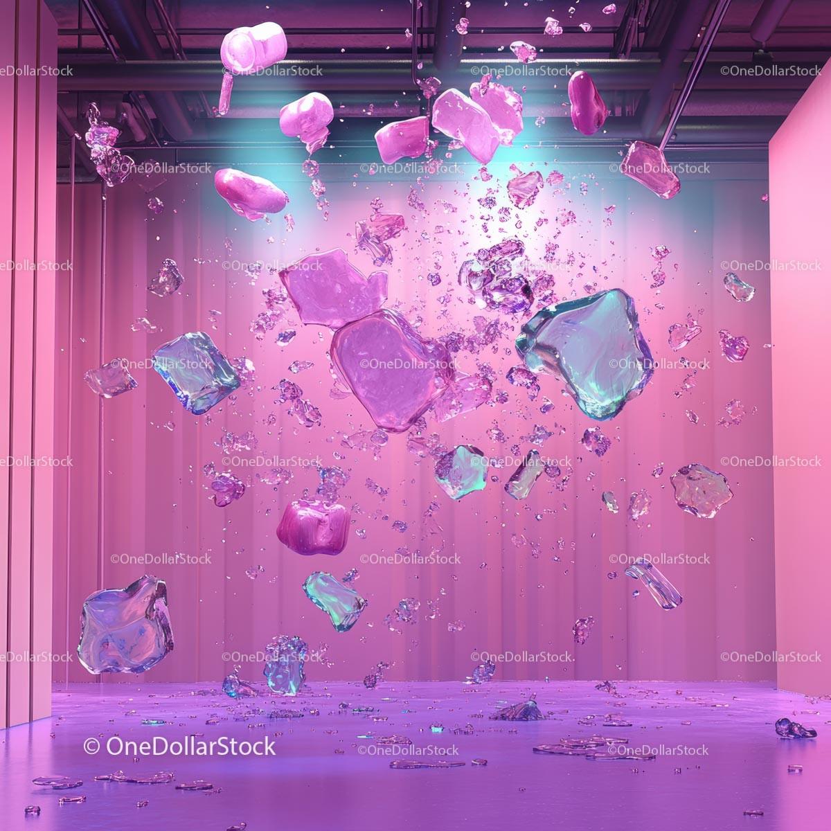 Floating Crystal Shapes in a Surreal Pink Environment