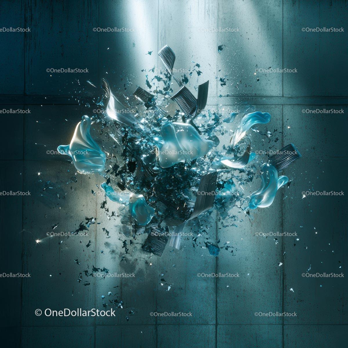 Dynamic Abstract Explosion with Metallic and Blue Elements