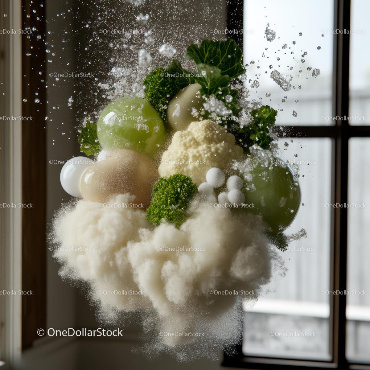 Floating Broccoli and Cauliflower in Dynamic Splash