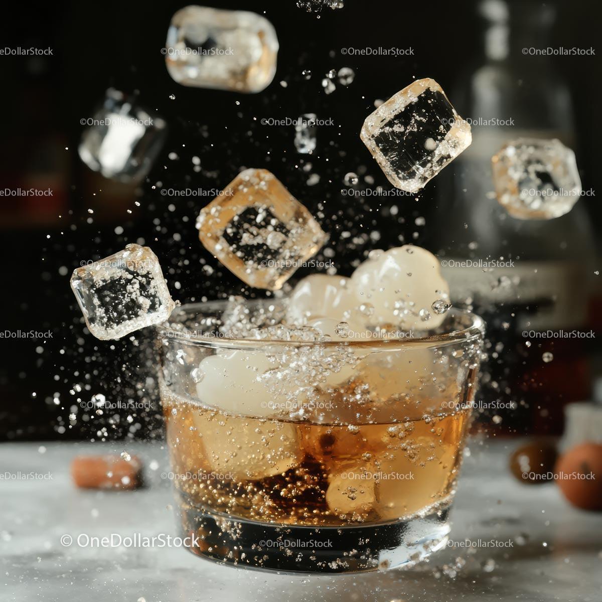 Refreshing Whiskey Splash with Ice Cubes in Motion