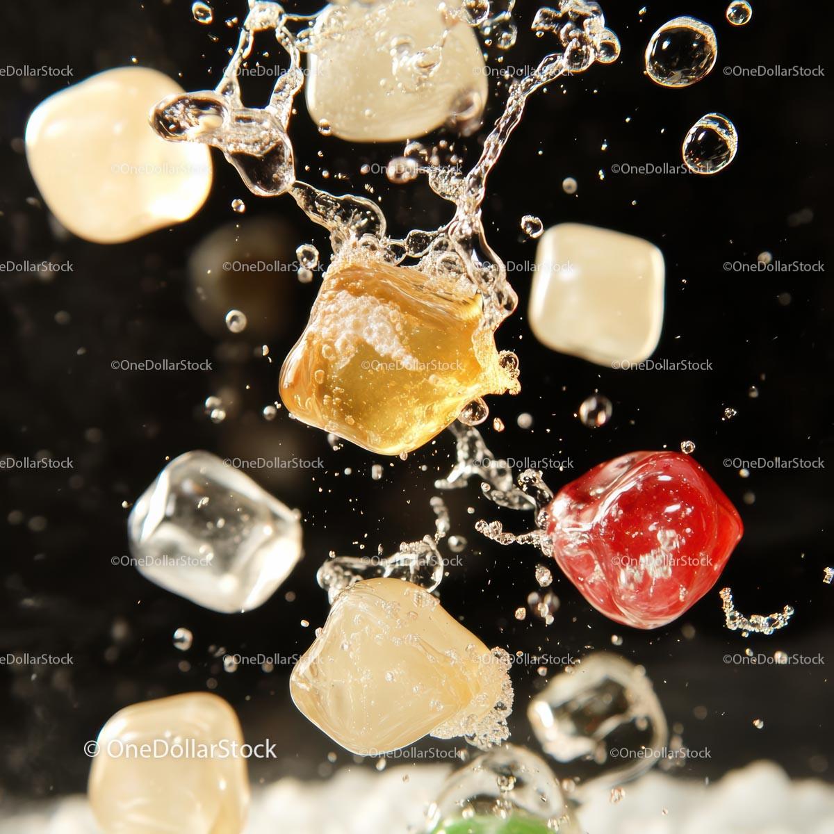 Vibrant Colored Ice Cubes Splashing in Water