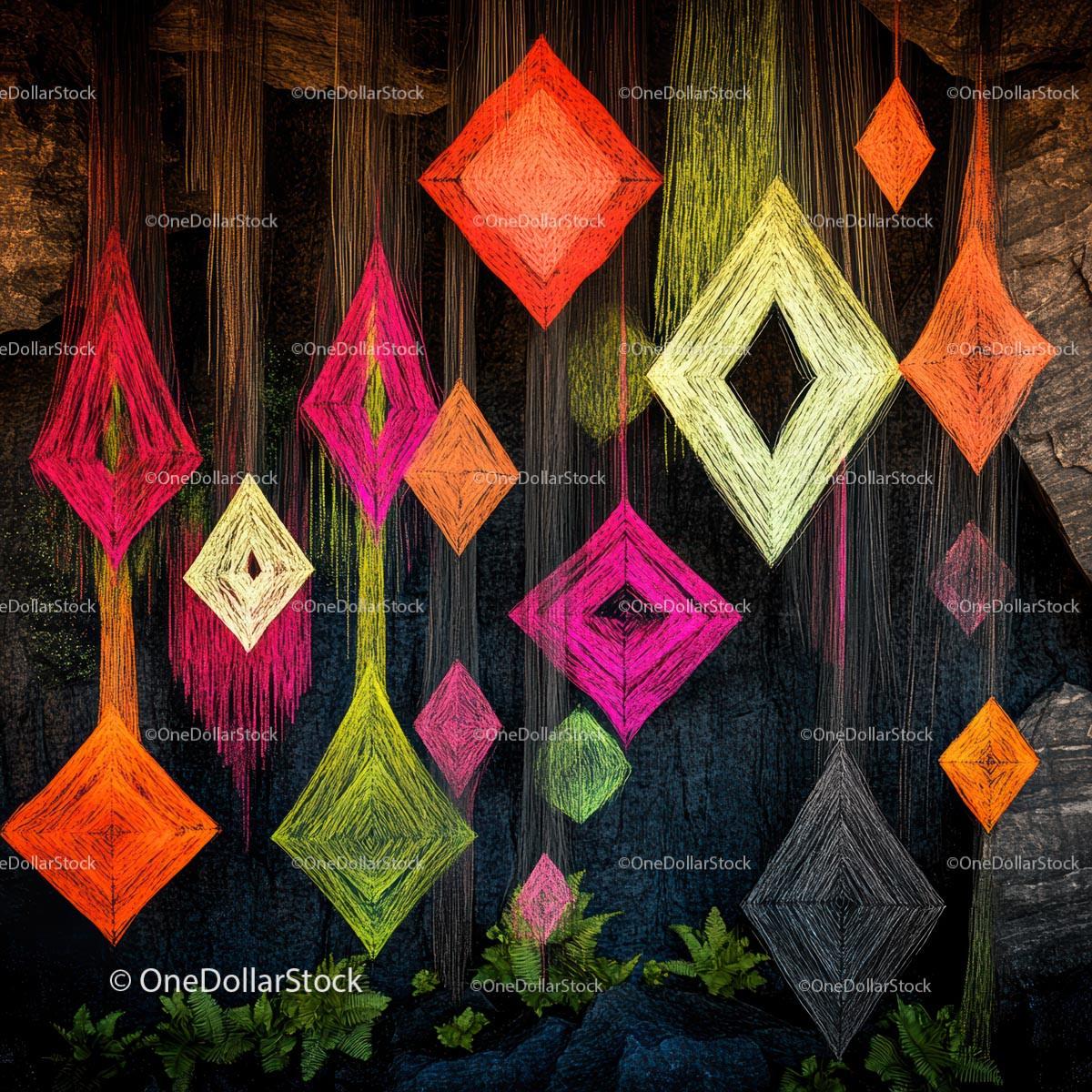 Vibrant Geometric Thread Art Installation on Dark Wall