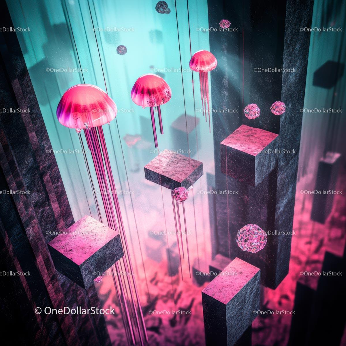 Surreal Underwater World with Floating Pink Jellyfish