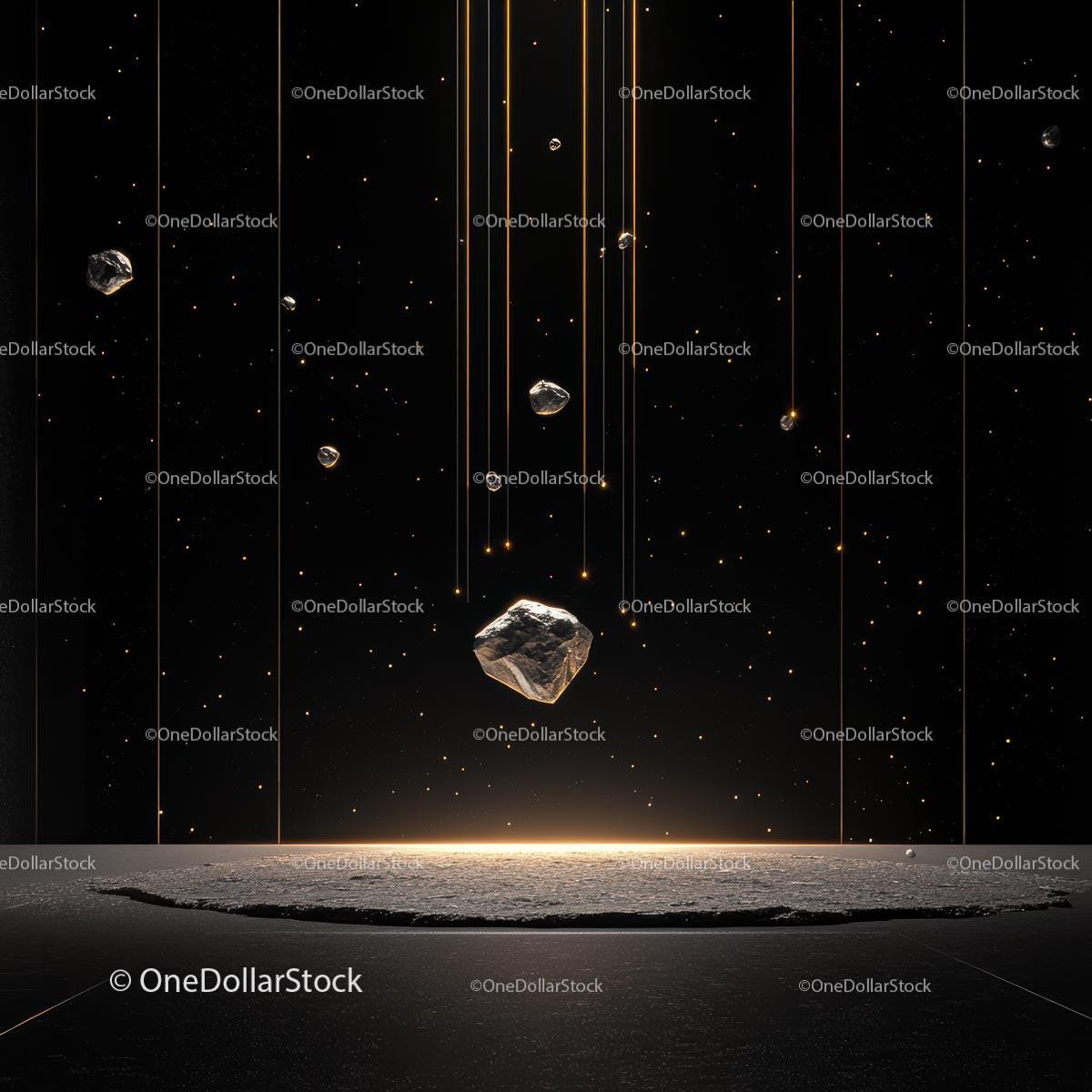 Floating Rocks in a Futuristic Space Scene with Glowing Lights