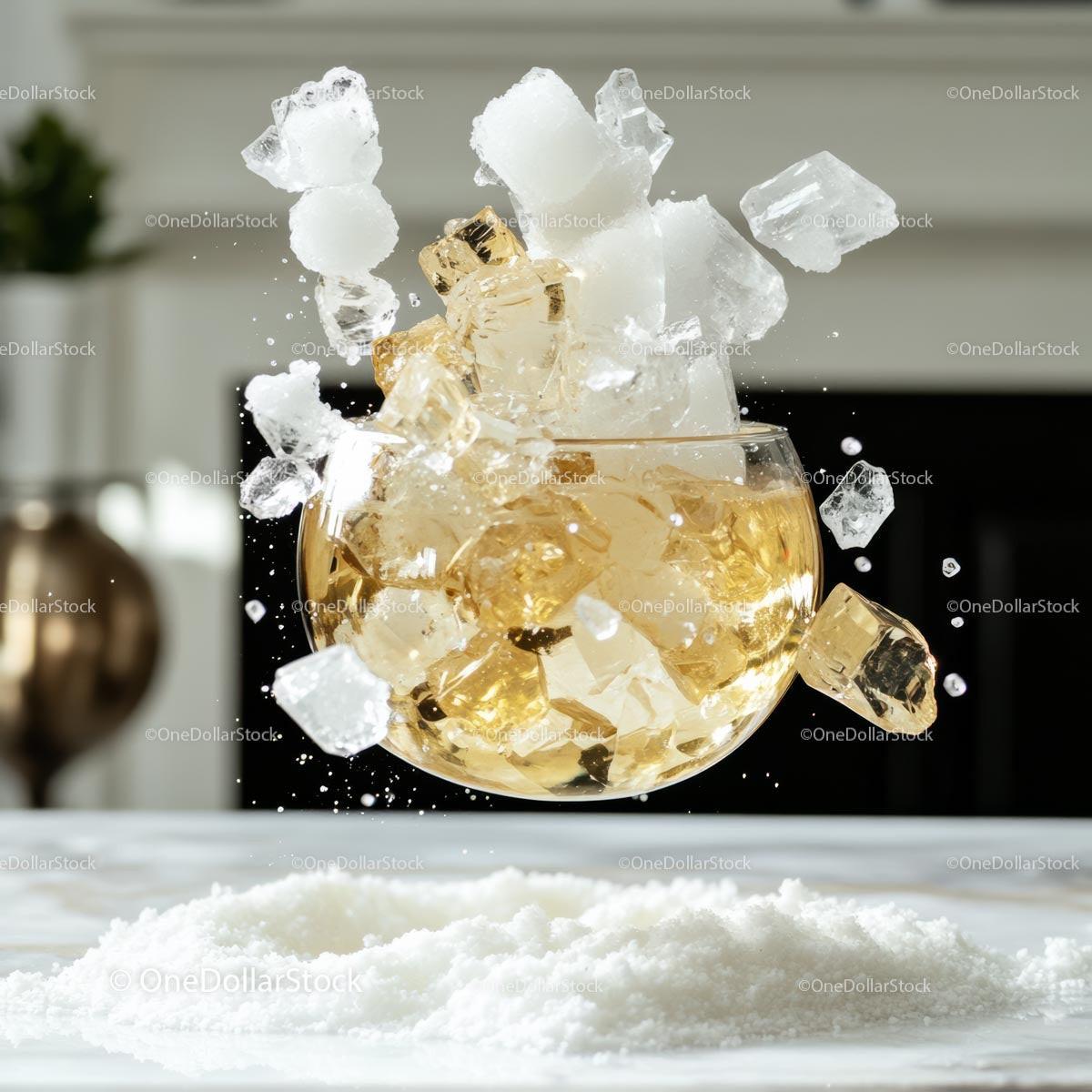 Refreshing Splash of Ice Cubes with Golden Beverage