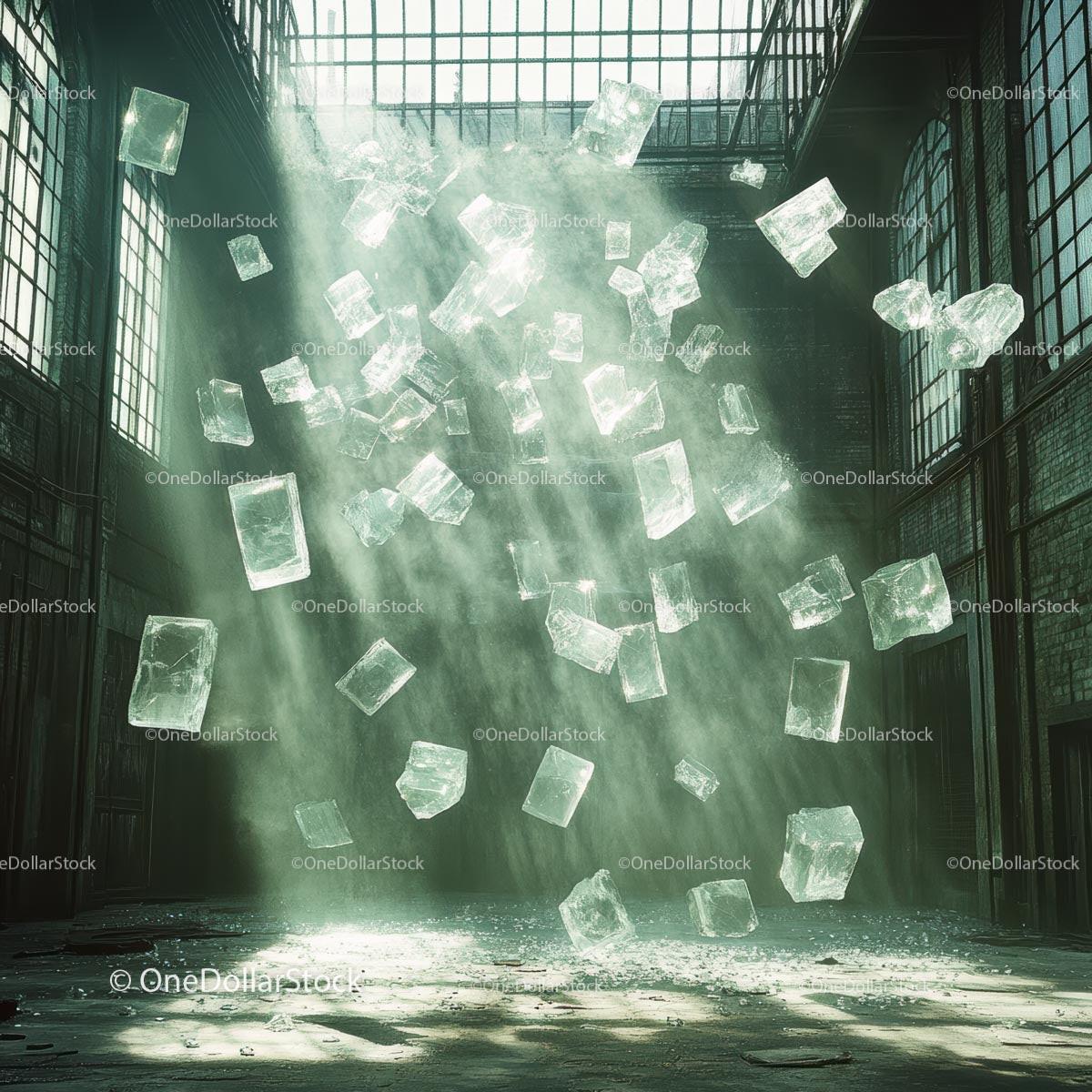 Floating Ice Blocks in Sunlit Industrial Warehouse