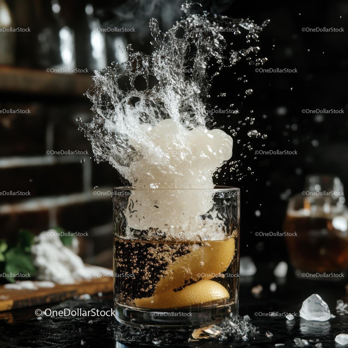 Dynamic Splash of Ice in Whiskey Cocktail with Lemon