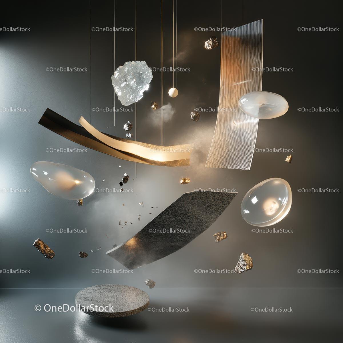 Surreal Abstract Composition with Floating Geometric Shapes