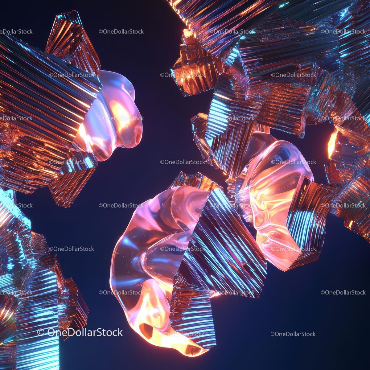 Vibrant Abstract Art with Geometric Shapes and Metallic Glow