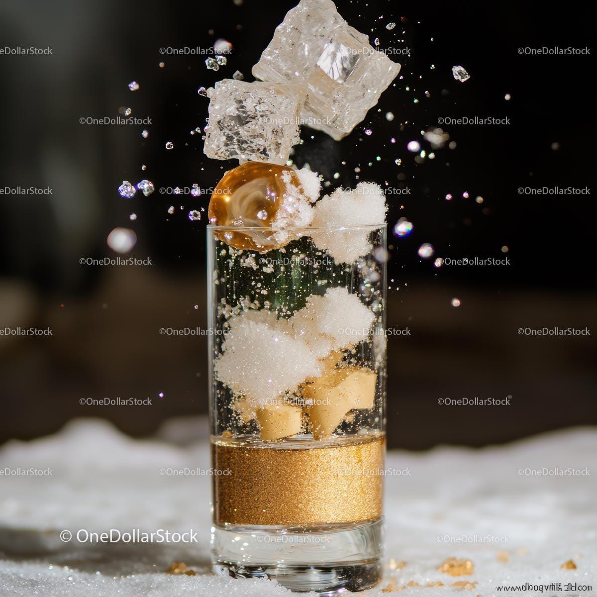 Dynamic Splash of Ice and Sugar in Glass
