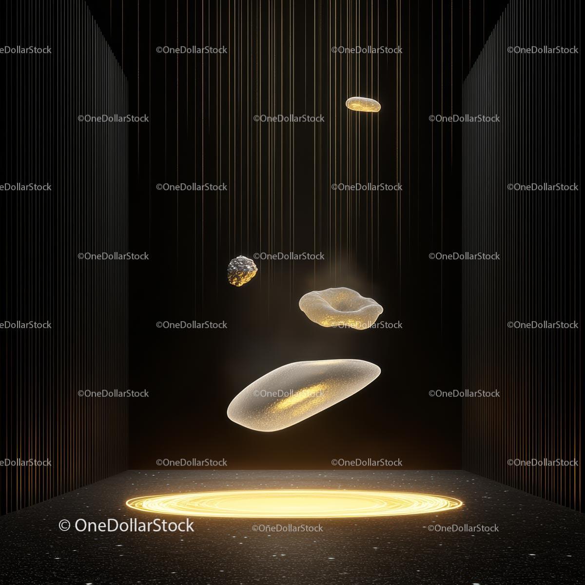 Futuristic Floating Objects with Golden Glow