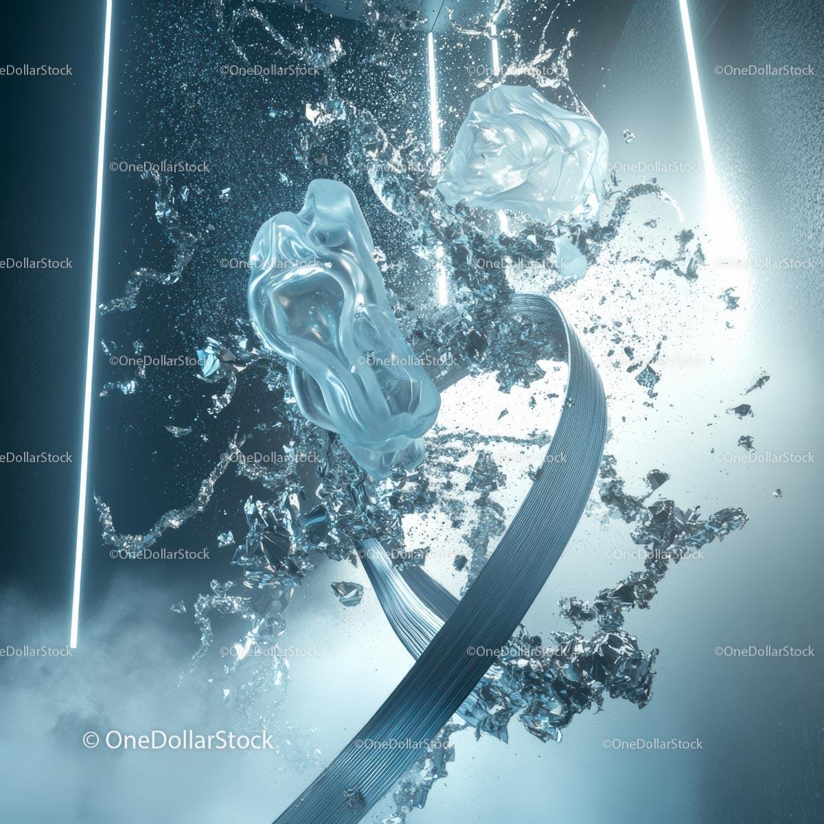 Futuristic Abstract with Blue Liquid and Metallic Fragments