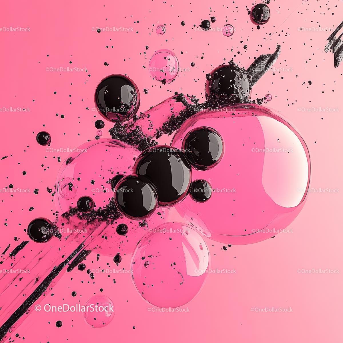 Abstract Pink Bubbles with Black Ink Accents