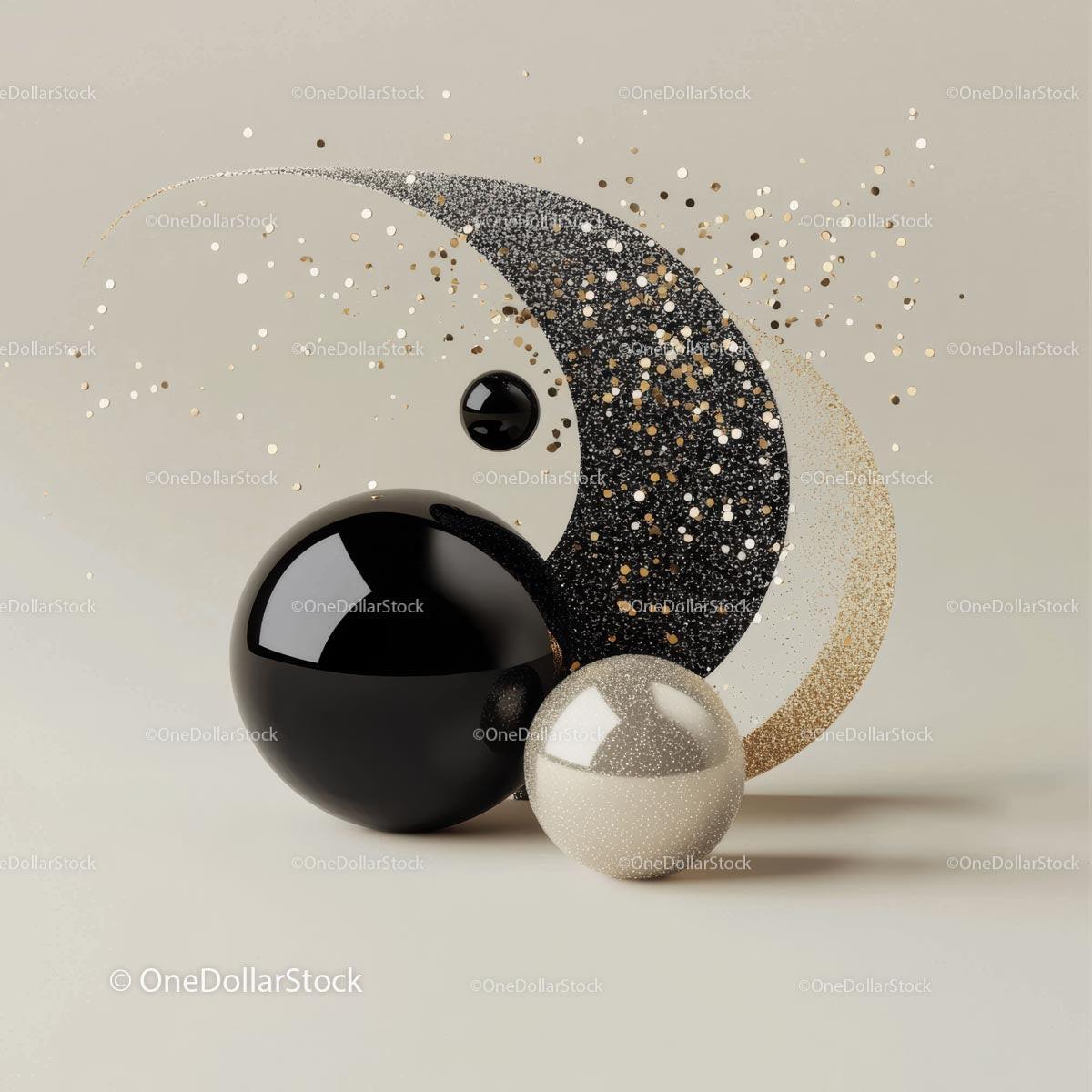 Abstract Black and Gold Spheres with Glitter Effect