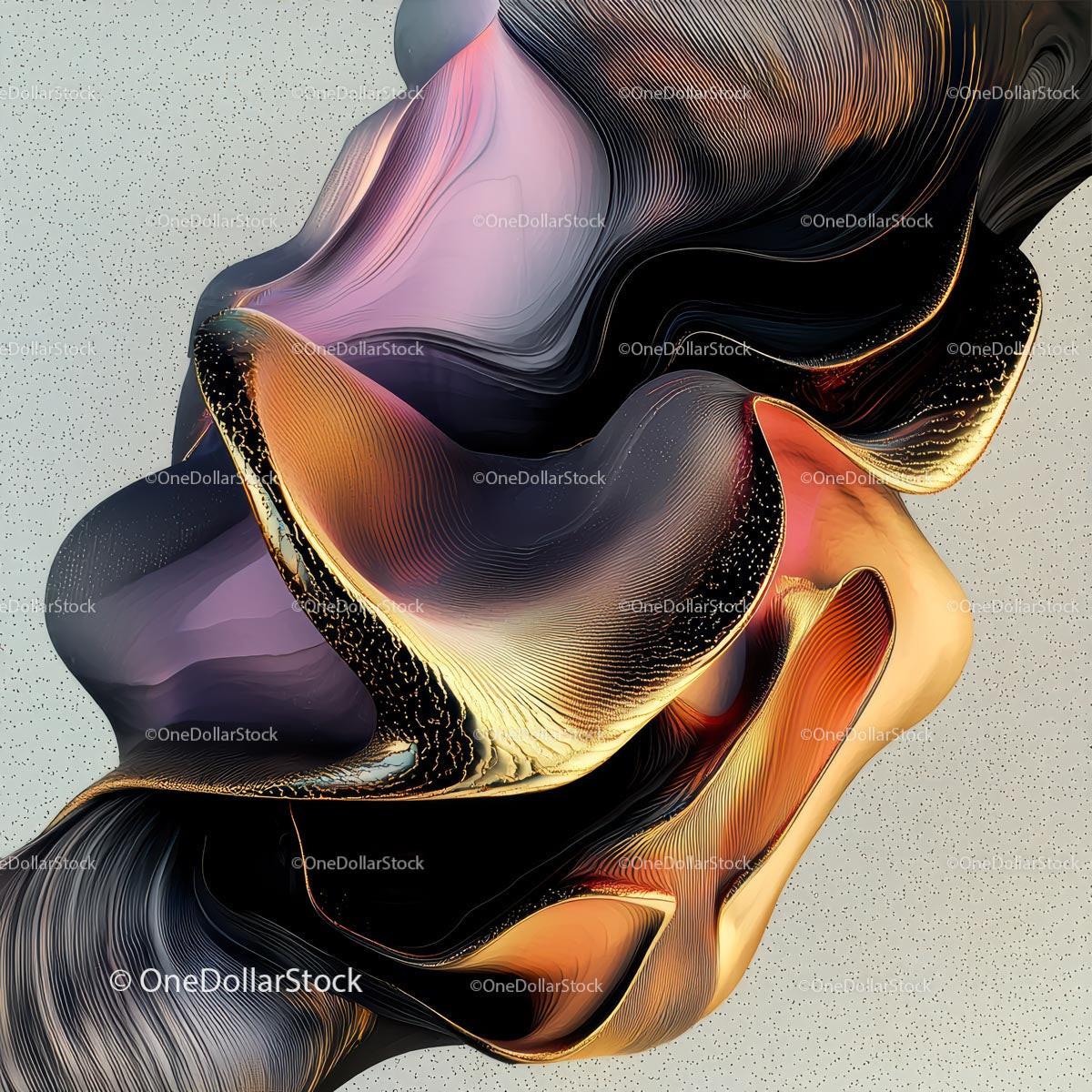 Abstract Fluid Shapes in Gold and Purple Tones