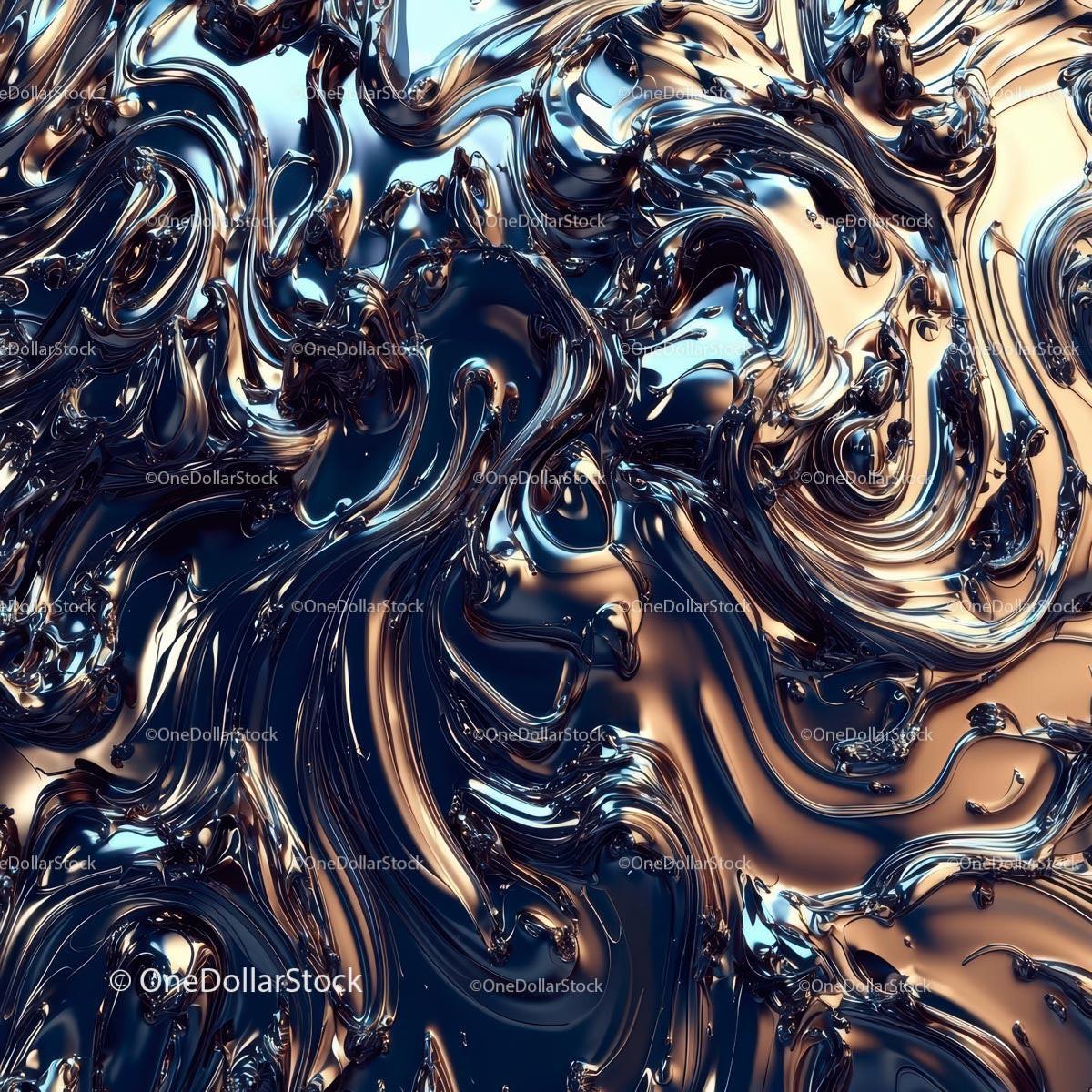 Dynamic Abstract Metallic Fluid Art in Blue and Beige