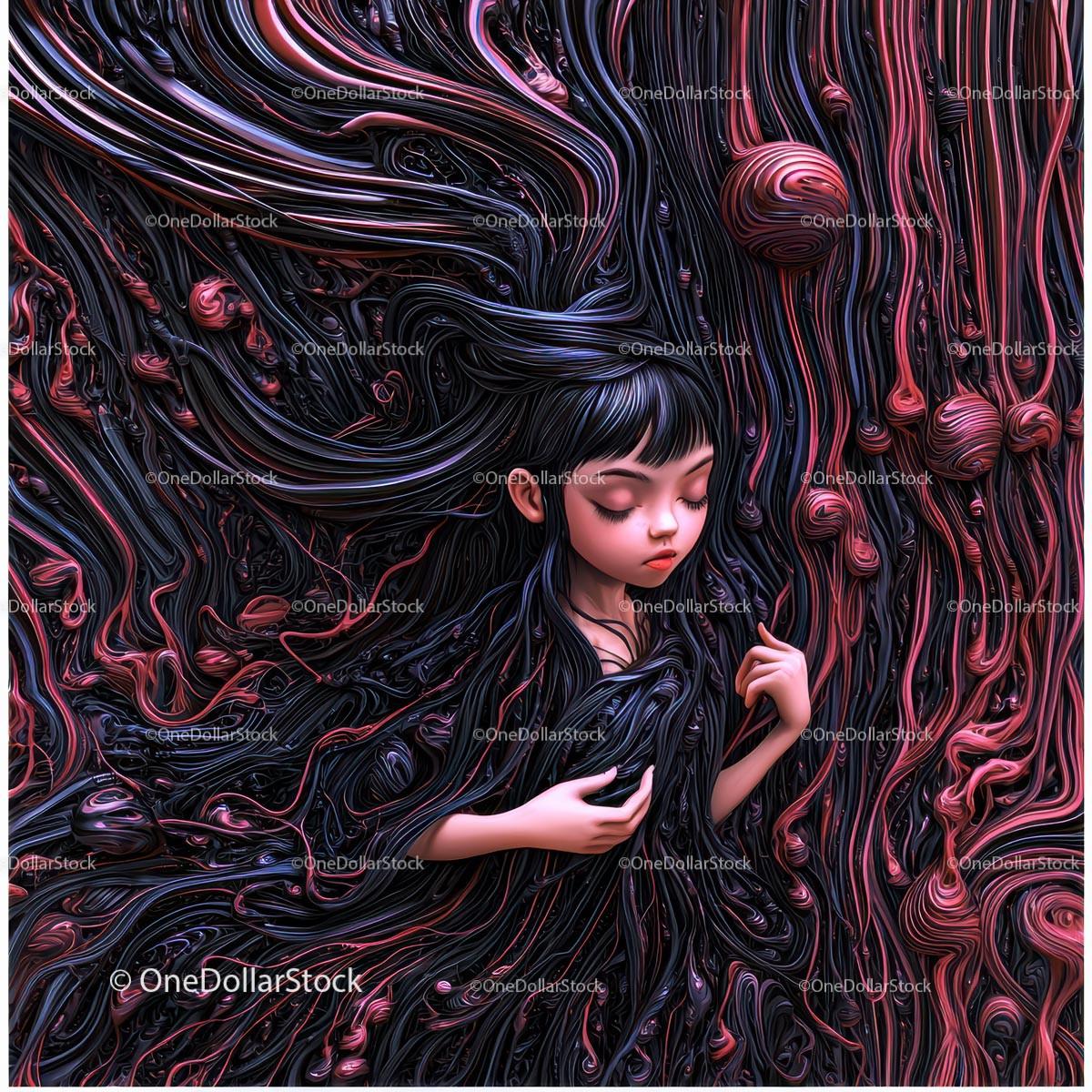 Surreal Portrait of a Dreamy Girl in Vibrant Swirls
