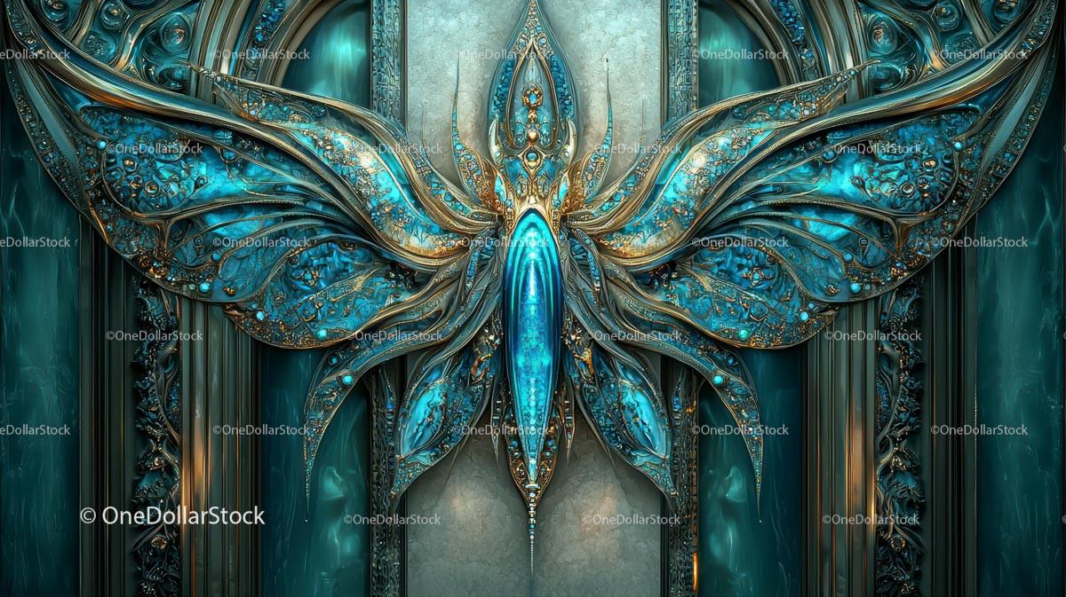 Intricate Blue and Gold Ornamental Butterfly Design
