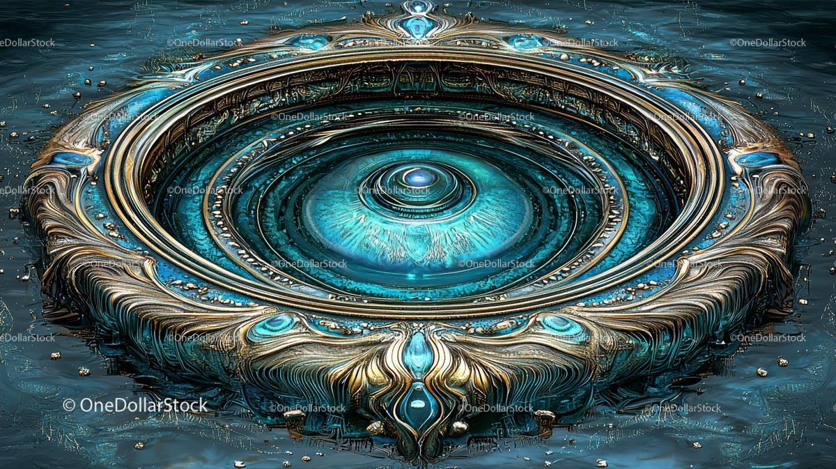 Intricate Turquoise and Gold Fantasy Circular Design