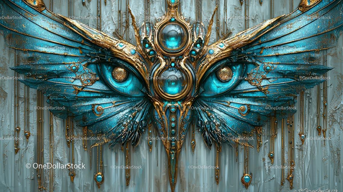 Intricate Blue and Gold Steampunk Wings with Surreal Eye