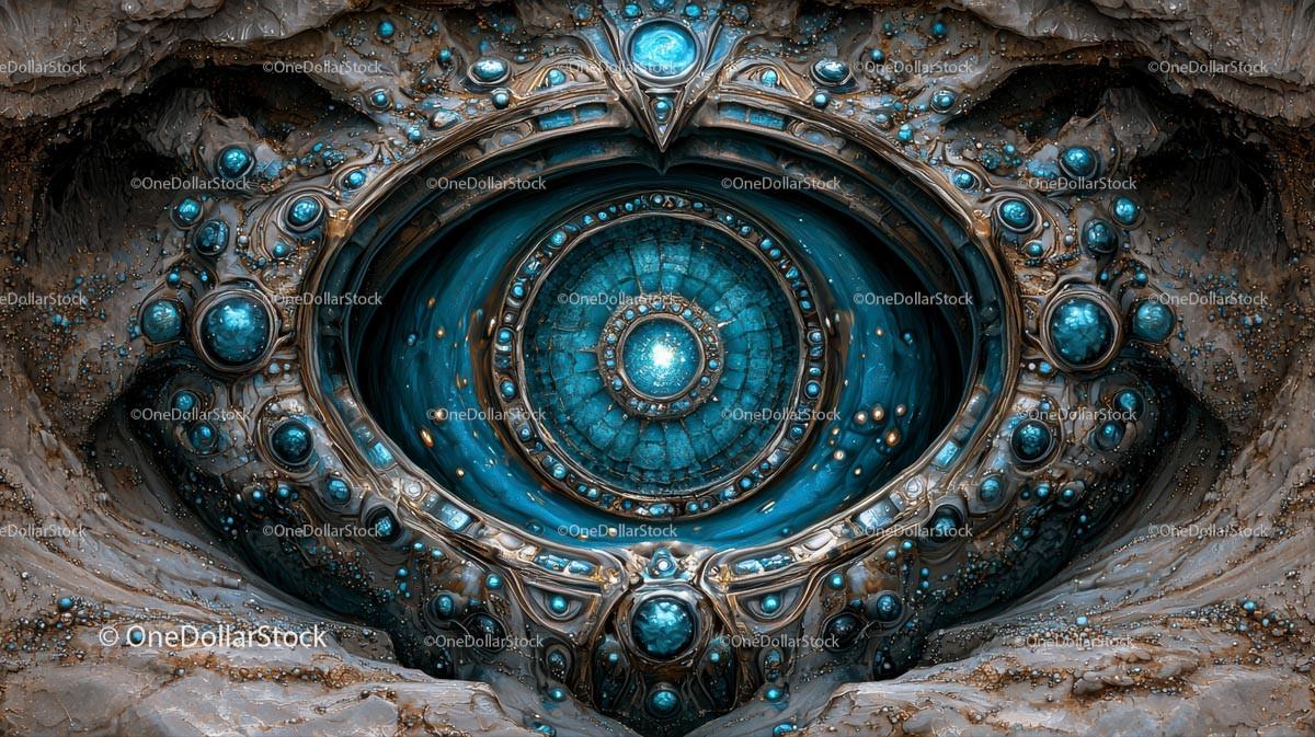 Intricate Mechanized Eye with Blue Accents in Alien Design