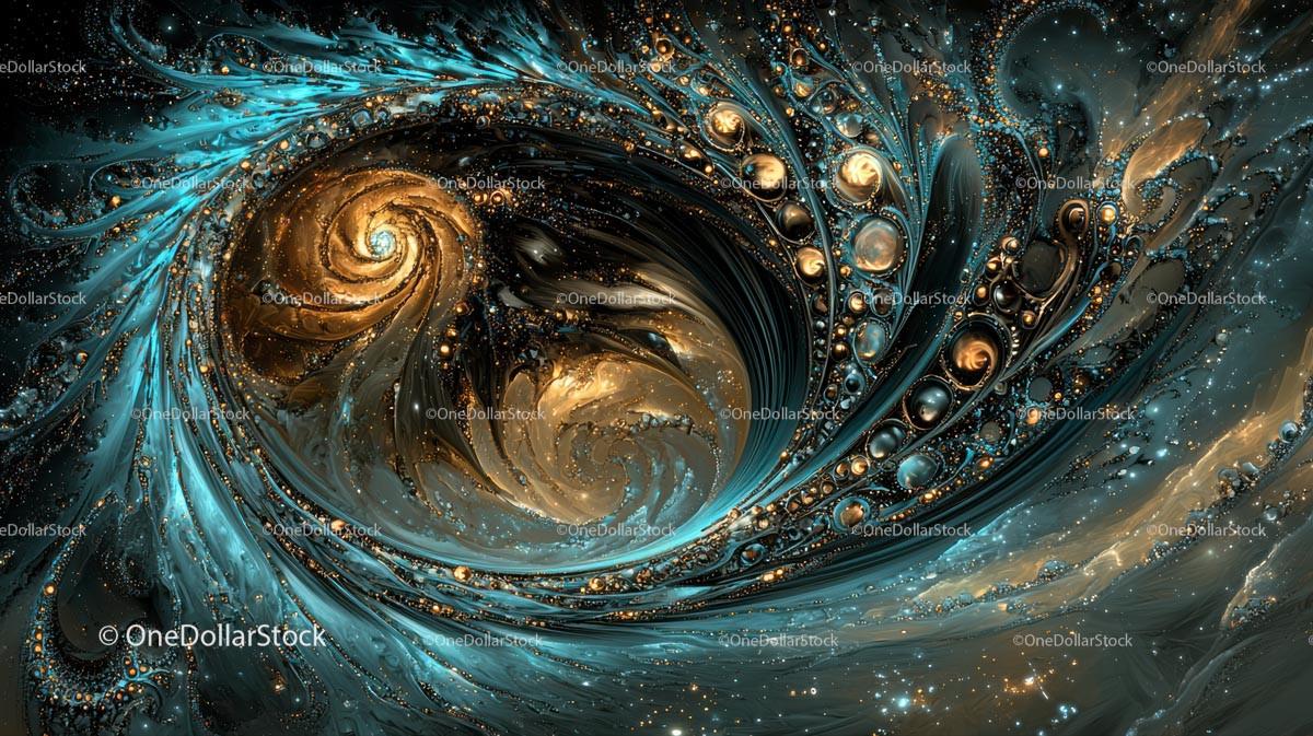Cosmic Fractal Swirl with Golden and Blue Accents