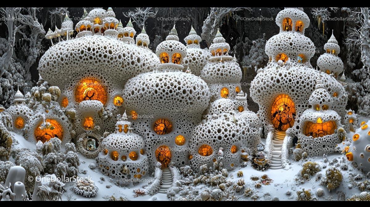 Mystical Village with Glowing Domes in Winter