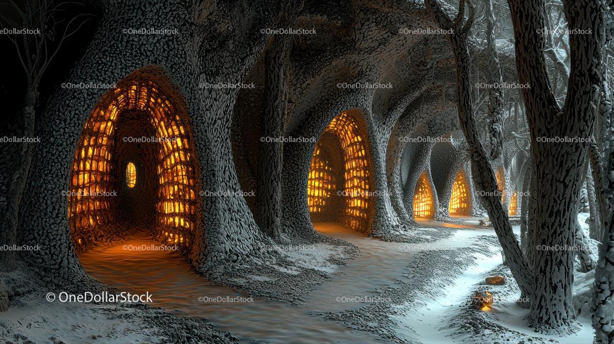 Enchanted Forest with Glowing Doorways at Night