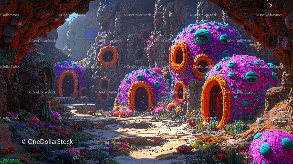 Surreal Alien Landscape with Colorful Domes
