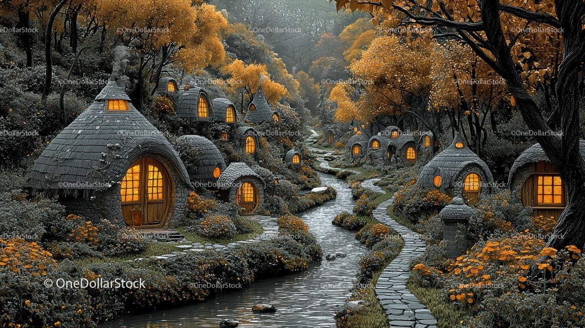Rustic Hobbit Houses in Enchanted Autumn Forest