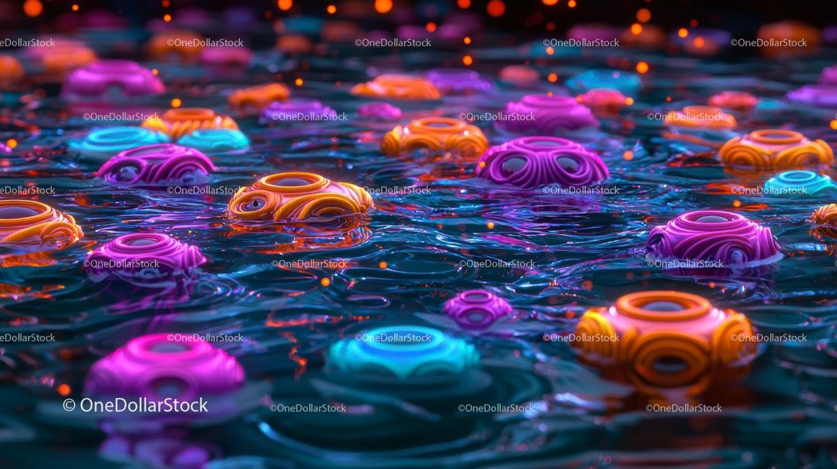 Vibrant Spheres Floating on Reflective Water Surface