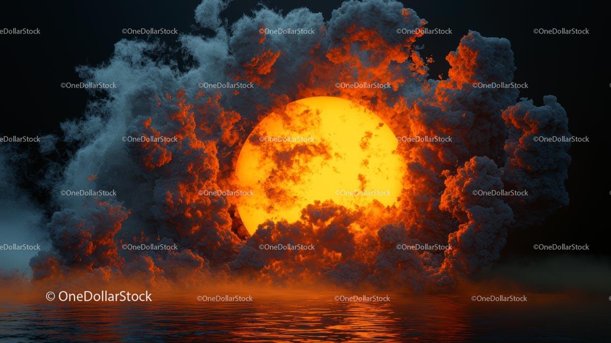 Fiery Sunset Behind Dramatic Clouds Over Water
