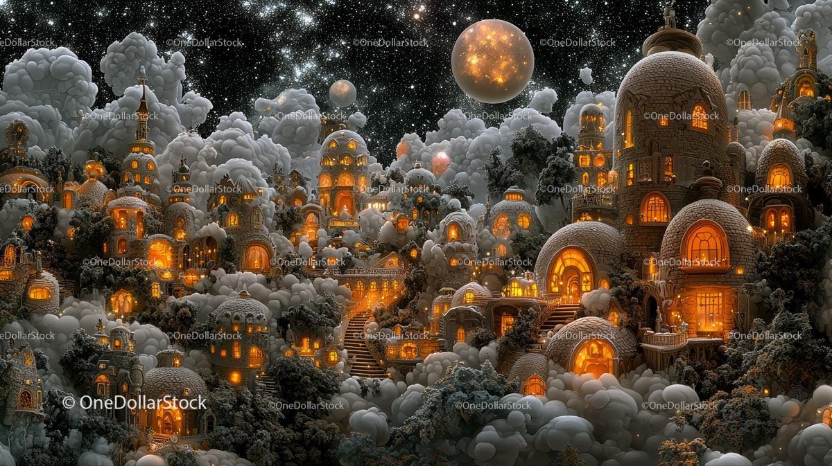 Fantasy Village with Glowing Lights Under a Starry Sky