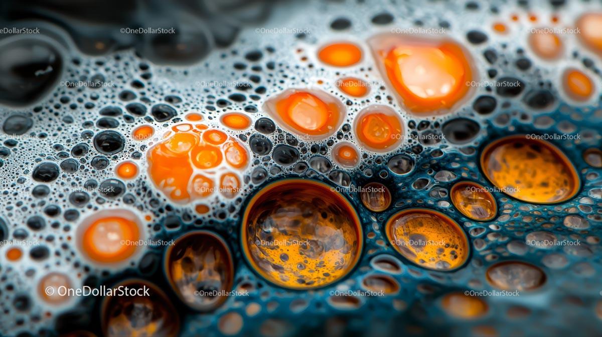 Vibrant Orange and Black Bubbles on Liquid Surface