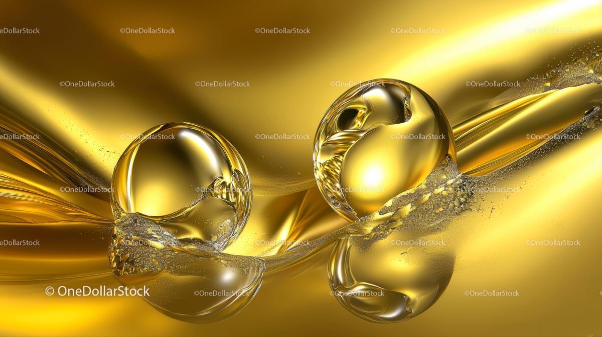 Abstract Liquid Gold with Glossy Spheres