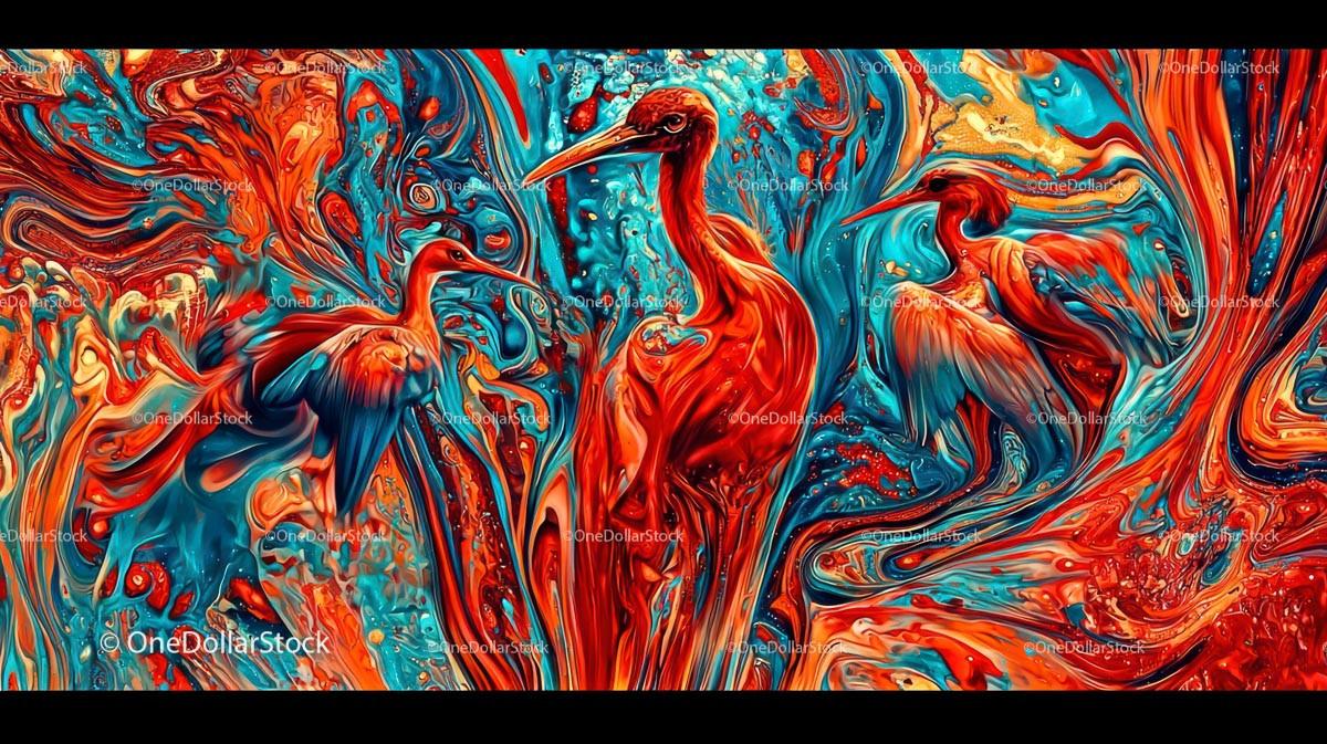 Vivid Abstract Painting of Birds in Fluid Colors