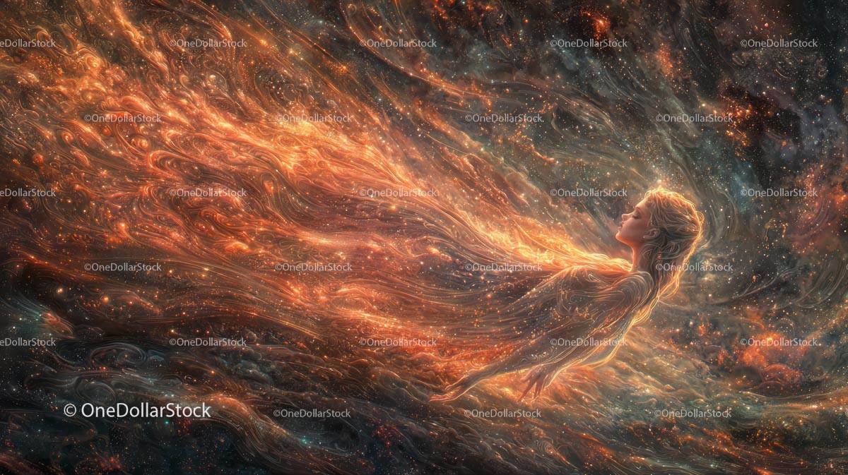 Ethereal Woman in Cosmic Dreamscape of Flowing Energy