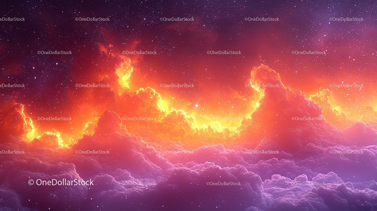 Vibrant Cosmic Clouds at Sunset with Starry Backdrop