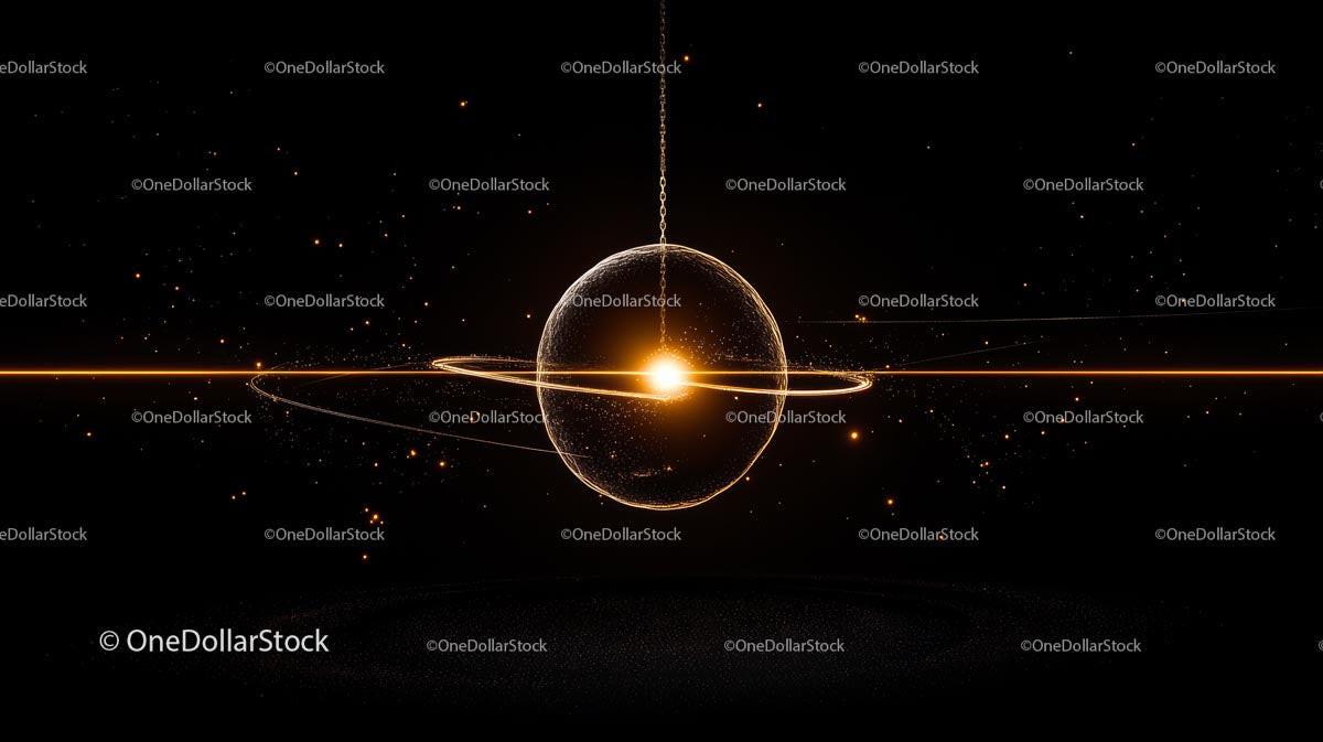 Glowing Sphere with Orbiting Rings in Cosmic Space