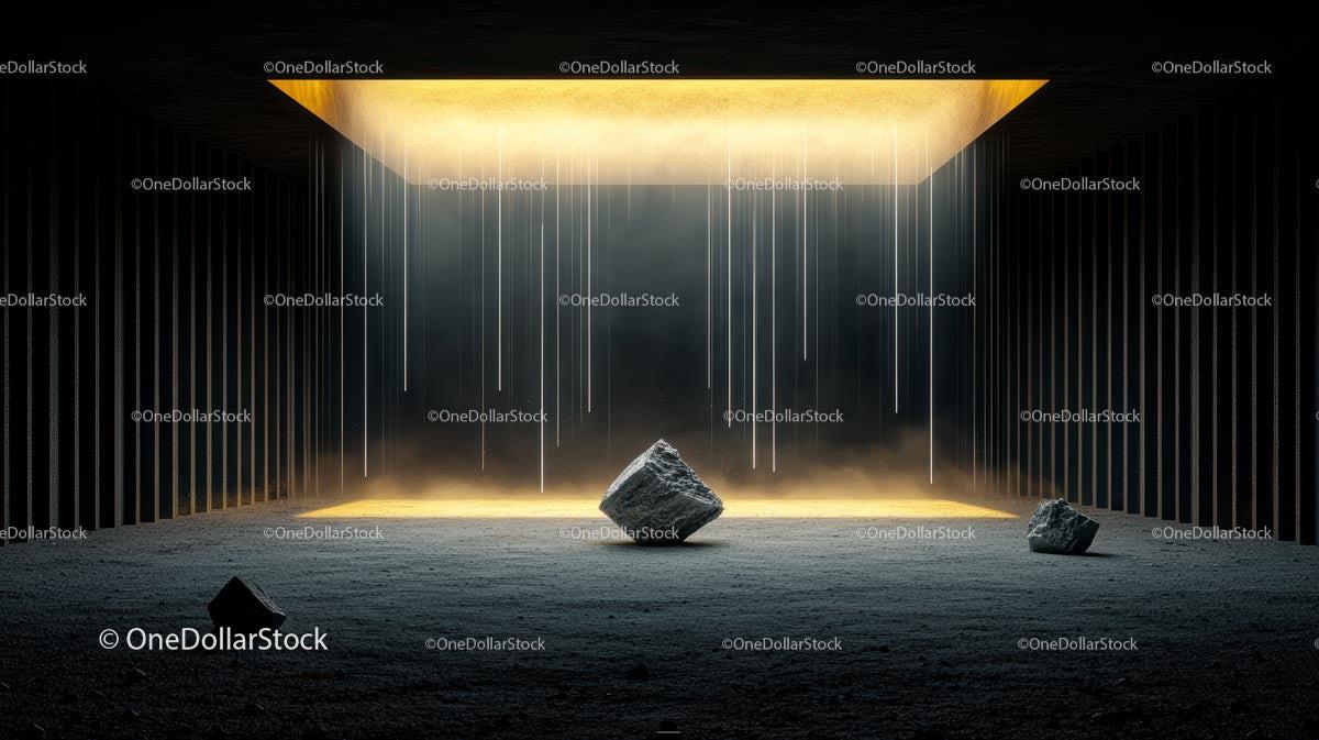 Surreal Room with Golden Light and Concrete Rocks