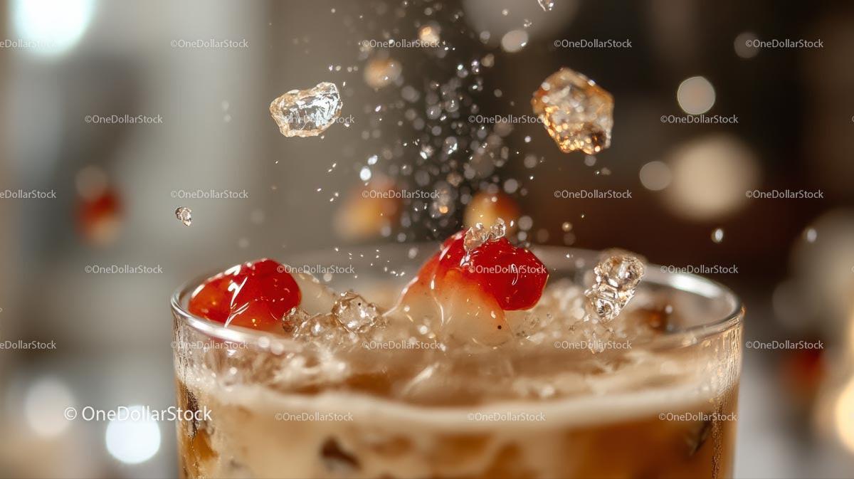 Refreshing Beverage Splash with Ice and Cherries