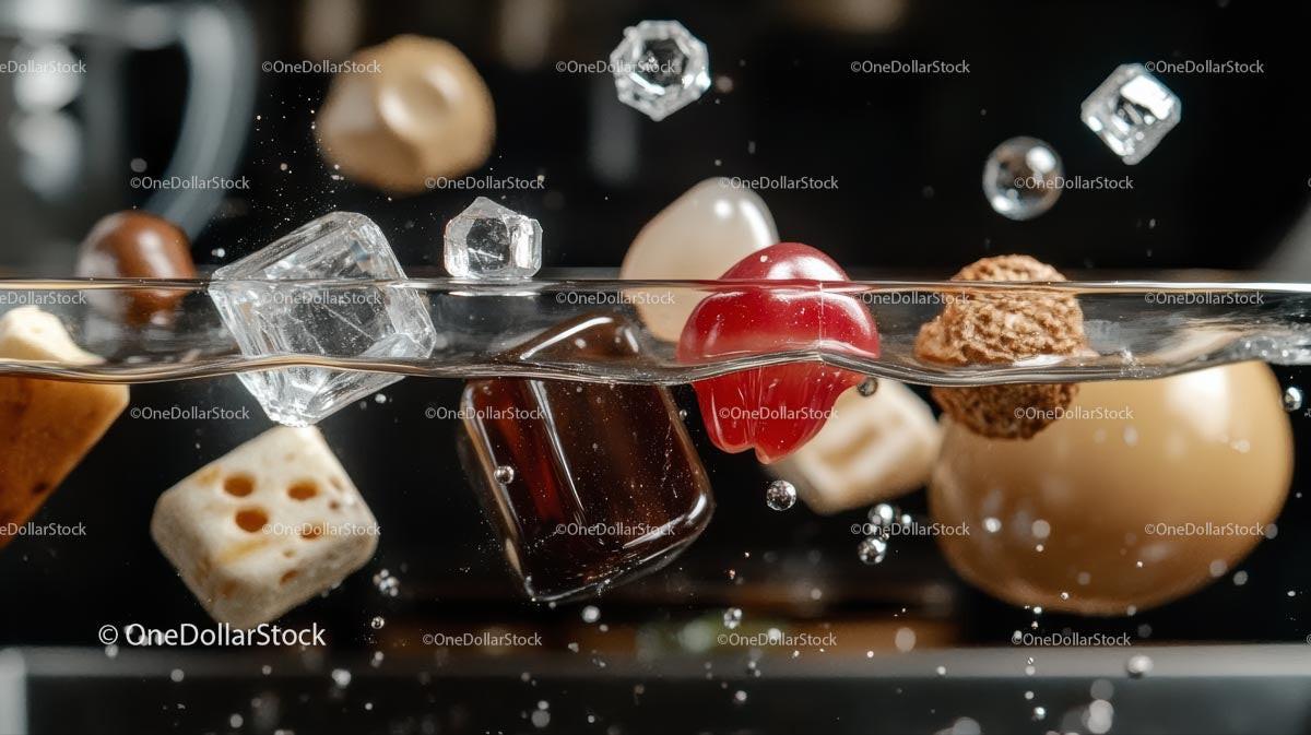 Floating Ice Cubes and Ingredients in Motion